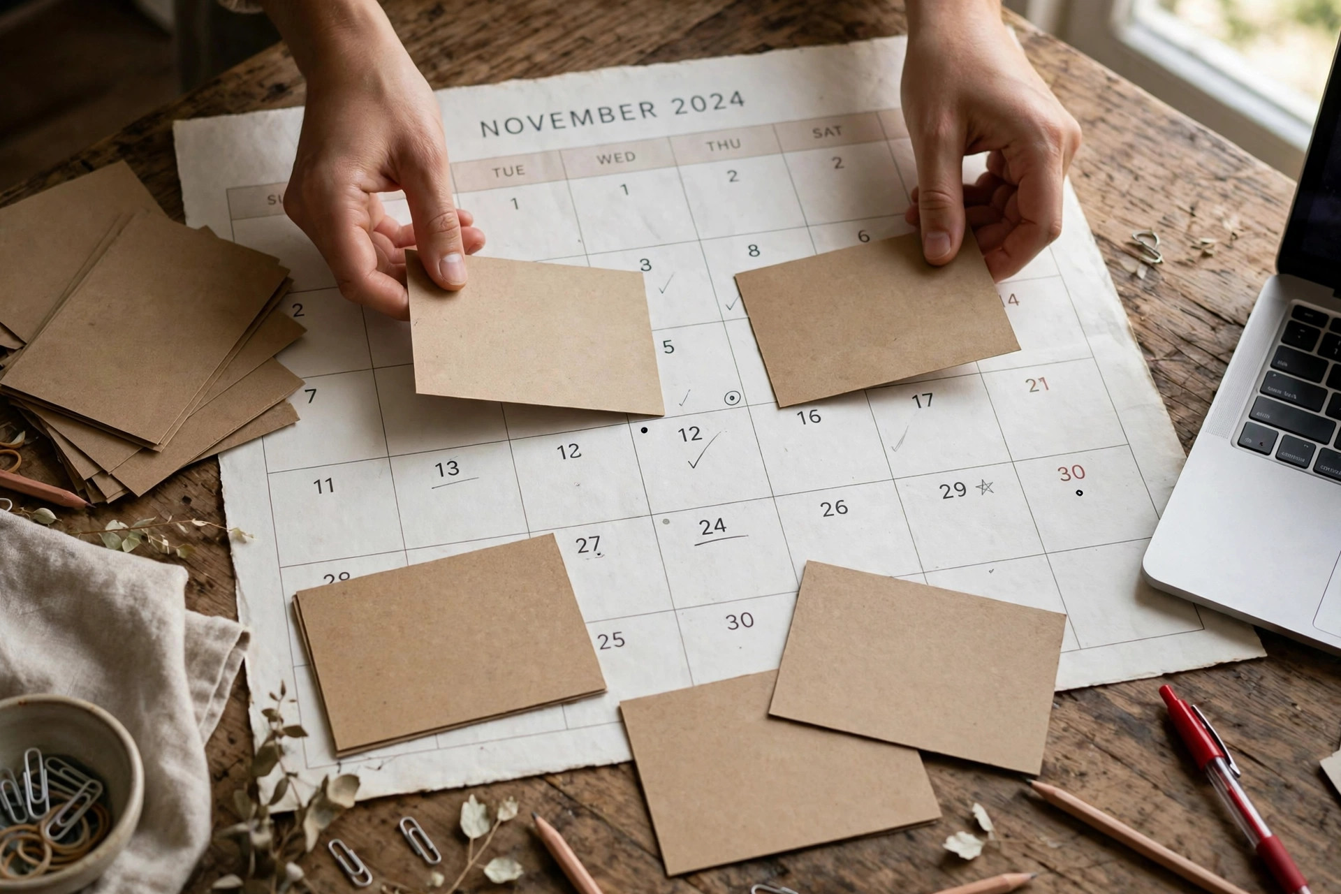 Paper post cards being arranged on a monthly calendar